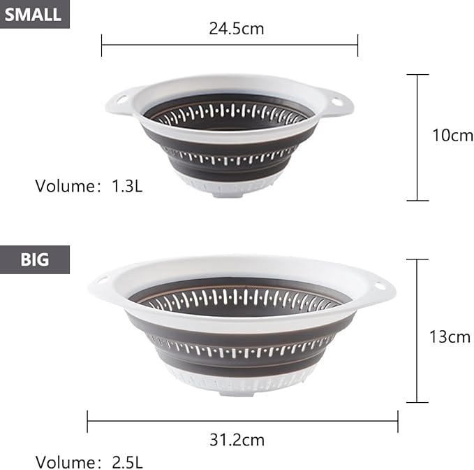 Collapsible Colander and Strainer,Silicone Strainer Colanders & Food Strainers,for Vegetable and Fruit, Kitchen Essentials (2, White, 1.3L+2.5L)