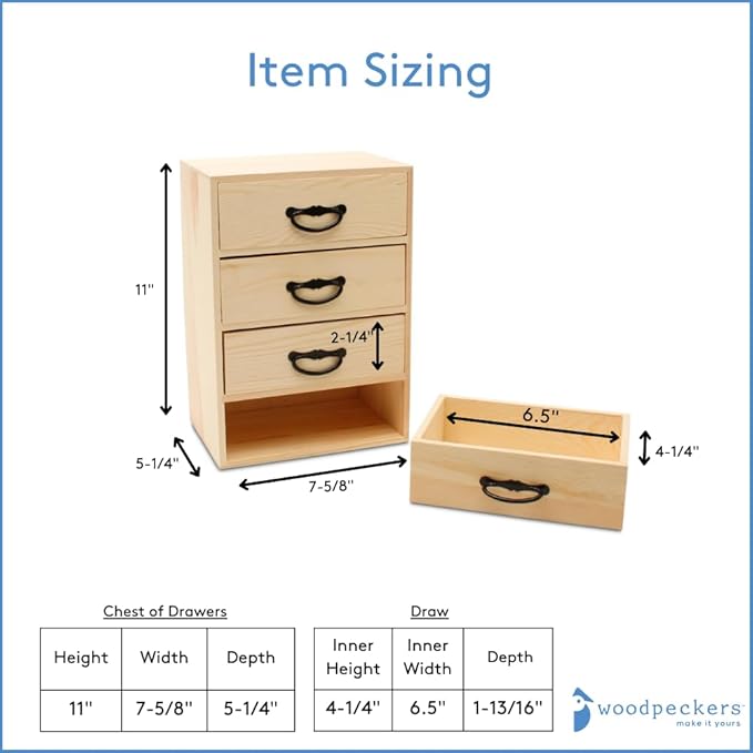 Wood Desk Organizer with Drawers for DIY Desk Storage, 11 Inch, Pack of 5, 4 Drawers w/Metal Handles for Craft Supplies/Jewelry, by Woodpeckers