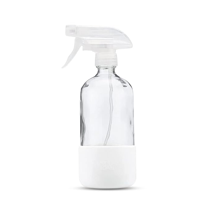 Clear Glass Spray Bottle with Silicone Sleeve for Cleaning Solutions, Essential Oils, Plants, Vinegar - 16 oz, Refillable, Food Safe (Pure White)