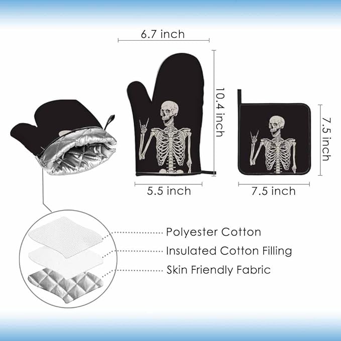 Human Skeleton Oven Mitts and Pot Holders Sets Funny Pose Happy Face Heat Resistant 3pcs for Cooking Baking BBQ