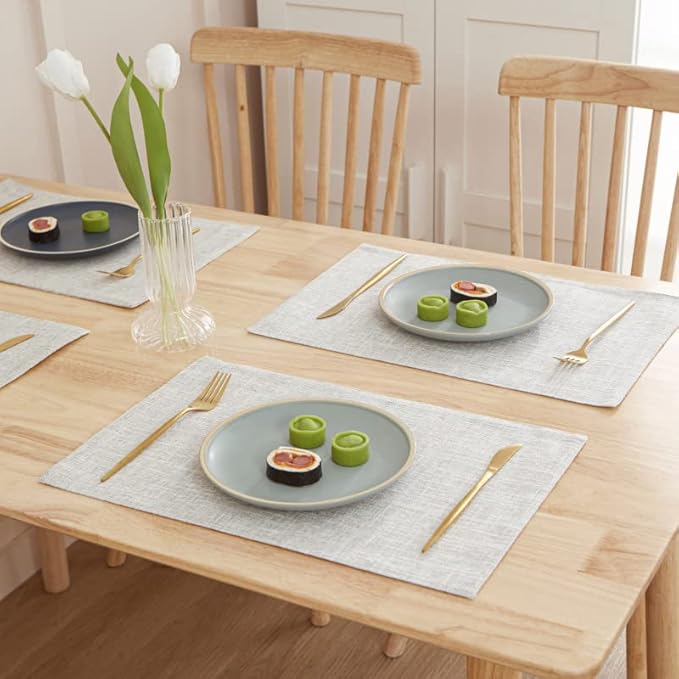 Weabetfu Cloth Placemats Set of 6 Heat Resistant Dining Table Placemmats Cotton Linen Machine Washable Kitchen Table Mats Wrinkle Free Thick Fabric Place Mats,Easy to Clean,13" x 19" Beige