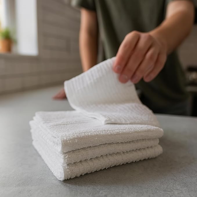 Looperry White Terry Cloth Rags (32 Pack) 16"x19" Inches Ribbed - Lint Free Dish Cloth Multipurpose Cleaning Rags for Housekeeping, Car Wash. Absorbent & Reusable Bar Mop Towels for Kitchen Cotton