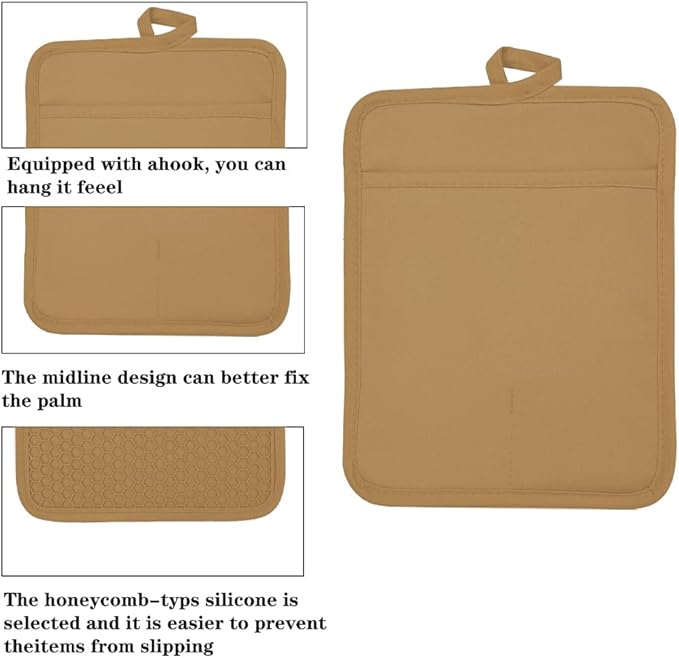 Oven Pot Holder with Pocket Cotton Heat Resistant Coaster Potholder Kitchen Hot Pad Oven Mitts for Cooking and Baking Square 7"x9" (Khaki, Silicone)