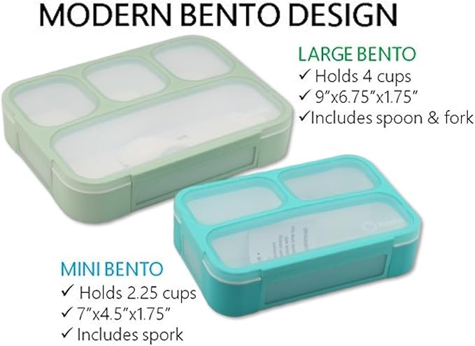 kinsho Leakproof Bento-Box Lunch-Boxes for Women, Kids. Large Green 4 Compartments and Mini Blue 3 Compartment Containers for Lunches Snacks School Travel, 2 pack set