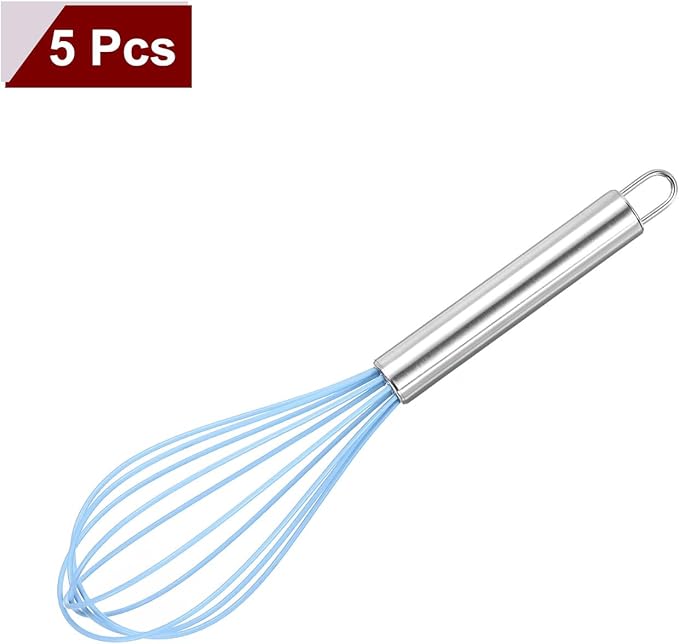 HARFINGTON 5Pcs Silicone Whisk 10" Kitchen Whisk Wire Whisks Beater with Stainless Steel Handle for Egg Milk Whisking Blending Beating & Stirring, Blue