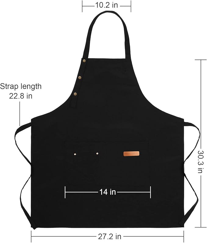 Apron for Men Women with Adjustable Straps and Large Pockets, Canvas Cotton Cooking Kitchen Chef Bib Aprons Waterproof Black