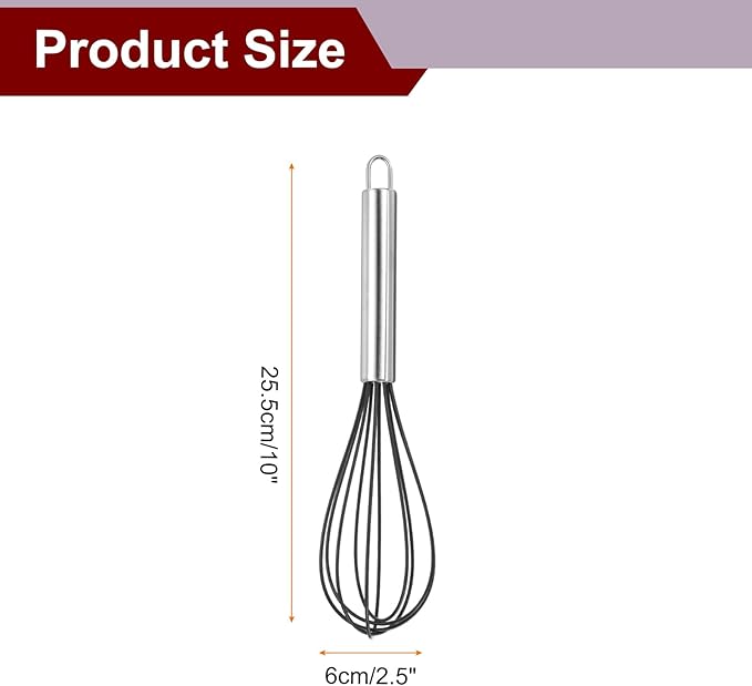 HARFINGTON 5Pcs Silicone Whisk 10" Kitchen Whisk Wire Whisks Beater with Stainless Steel Handle for Egg Milk Whisking Blending Beating & Stirring, Black