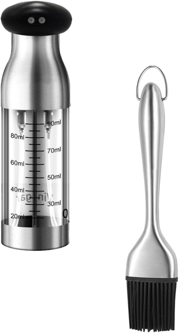 Stainless Steel Dual-head Oil and Vinegar Sprayer Set, 2pcs Portable Kitchen Oil Dispenser with Brush, Mist Spray and Press Bottle for Cooking and Salad Use