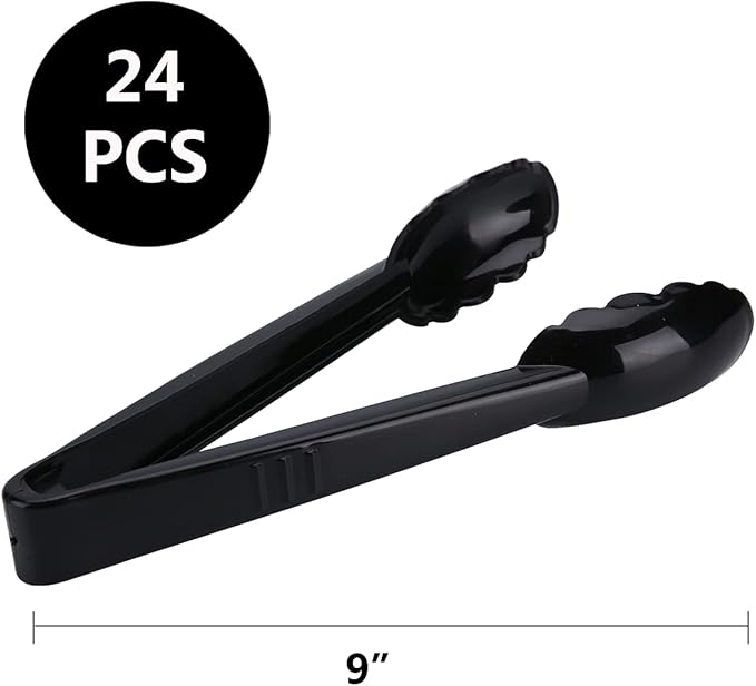 24 Pieces Disposable Serving Tongs, 9" Heavy-Duty Plastic Utensils, BPA-Free, Scalloped Grip Salad Tongs, Perfect for Buffets, BBQ, Parties & Catering, Black