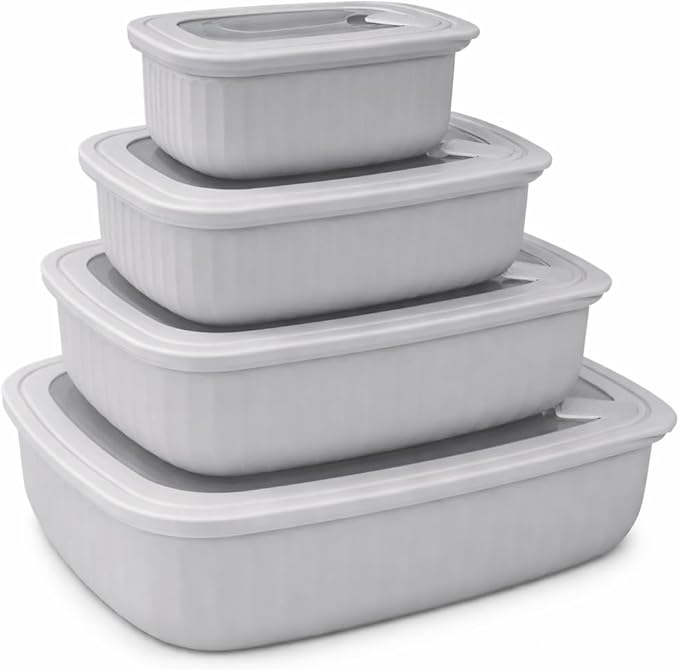 Set of 4 BPA Free Food Storage Containers with Vented Lids Assorted Sizes, Microwave & Freezer Safe, Leftovers, Meal Prep, Fridge Organization Dry Grains Storage (Light Gray)