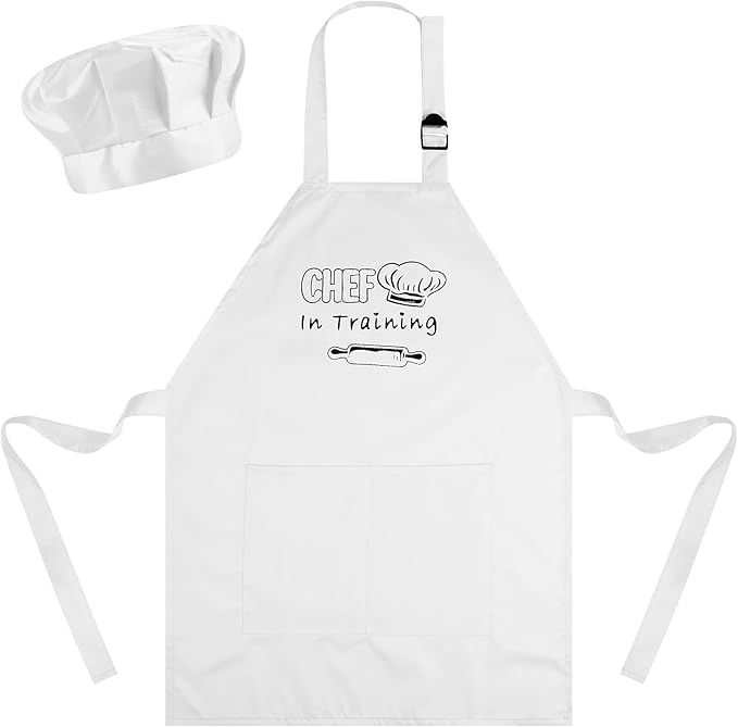 Kids Apron and Chef Hat Set Adjustable Child Aprons with 2 Large Pockets for Girls Boys Cooking Baking Painting Gift