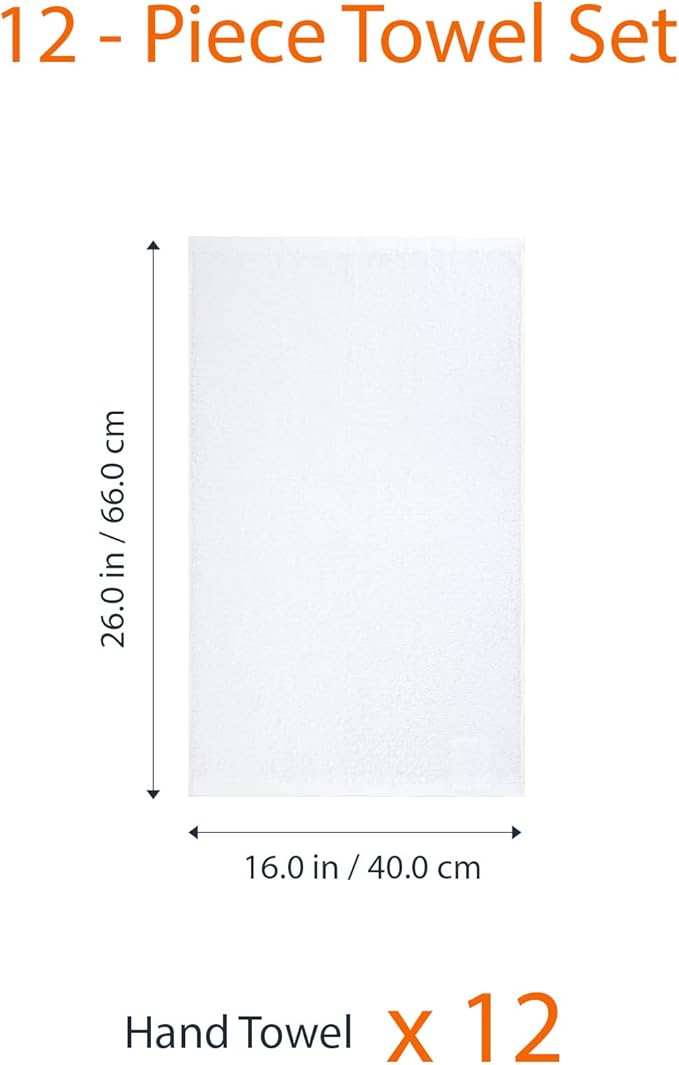 Amazon Basics Soft and Thick Cotton Hand Towels for Bath, Kitchen, Gym, 16 x 26 in, White, 12-Pack