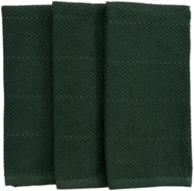 Serafina Home Dark Green Kitchen Dish Towels: 100% Cotton Cloth Soft Cleaning Drying Absorbent Textured Terry Loop, Set of 3 Multipurpose for Everyday Use