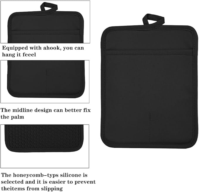 Oven Pot Holder with Pocket Cotton Heat Resistant Coaster Potholder Kitchen Hot Pad Oven Mitts for Cooking and Baking Square 7"x9" (Black, Silicone)