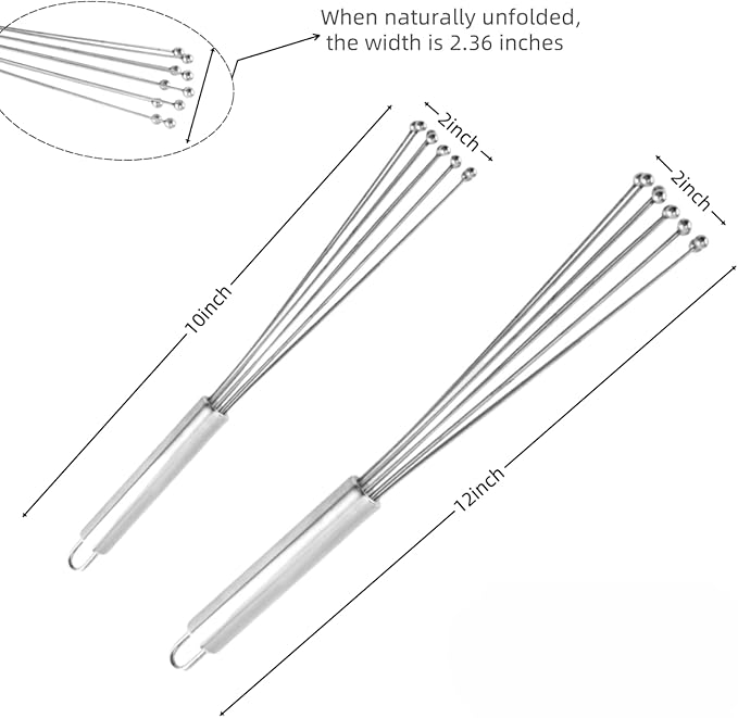 2 Pieces Stainless Steel Ball Whisk Wire Egg Whisk Set and 2 Hooks Kitchen Whisks for Cooking, Blending, Beating, Whisking, Stirring (12" and 10")