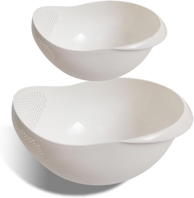 2-in-1 Rice Colander, Vegetable and Fruit Cleaning Filter Basket, 2Piece Sturdy and Easy-To-Use Food Grade Kitchen Tool Accessories (white, large+small)