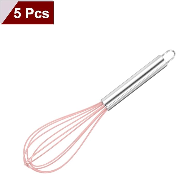 HARFINGTON 5Pcs Silicone Whisk 10" Kitchen Whisk Wire Whisks Beater with Stainless Steel Handle for Egg Milk Whisking Blending Beating & Stirring, Pink