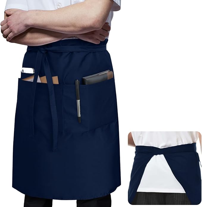 ROTANET Long Server Apron Black with 3 Pockets Bistro Half Aprons for Men Women Waiter Waitress Chef 28 Inch Waterproof