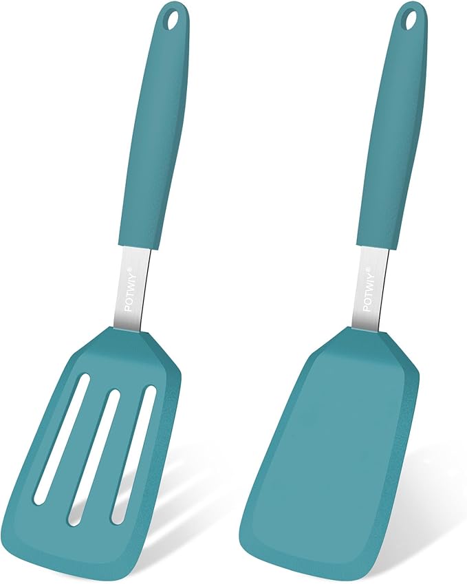 2 Pack Silicone Spatula Set, 600°F Heat Resistant Kitchen Spatula, BPA Free Solid & Slotted Turner, Flexible Cooking Utensils for Non Stick Frying Pan, Flipper for Eggs and Pancakes (Blue)