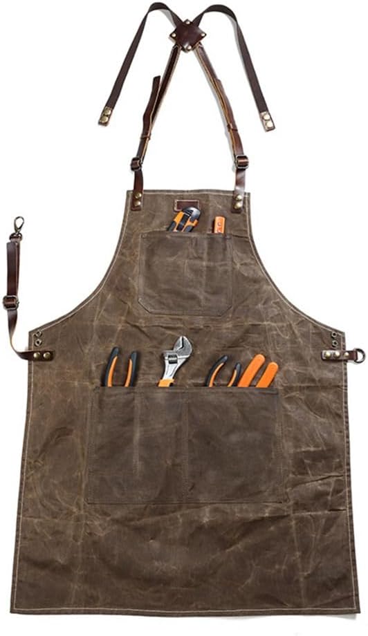 Midkit Utility Apron Adjustable Cross-Back Straps Multi-Use Portable 8oz Waxed Canvas Aprons With 5 Tool Pockets Fits M- 3XL