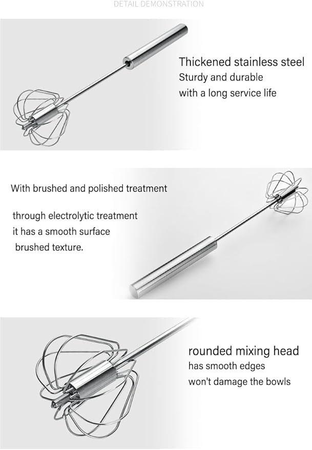 Semi-Automatic Stainless Steel Egg Whisk, Hand-Operated Rotary Whisks, Multi-functional Stainless Steel Kitchen Mixing Tool, Manual Egg Whisk, Suitable for Mixing, Whipping, and Stirring, 12"
