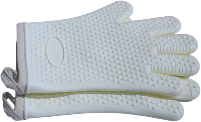 Extra Long Heat Resistant Silicone Oven Mitts Set, Non-Slip Cooking Gloves with Quilted Cotton Liner, Flexible Waterproof Pot Holders for Baking, BBQ, Grilling – 2-Pack (Creamy White)