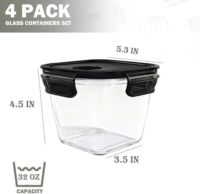 H.JSS WDJS 32oz Square Glass Food Storage Containers with Lids, 4 Cup Glass Soup Containers, Heat-Resistant BPA free Square Meal Prep Bowls for Microwave, Freezer, Dishwasher safe (4Packs)