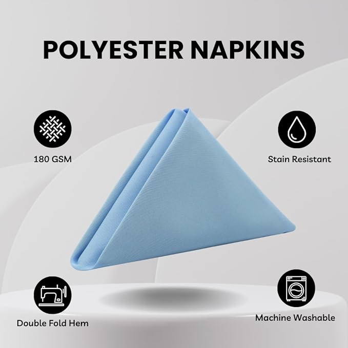 Your Chair Covers - 10 Pack 20 Inch Light Blue Cloth Polyester Napkins – Washable Dinner Fabric Napkins with Hemmed Edges for Weddings, Restaurants & Special Events