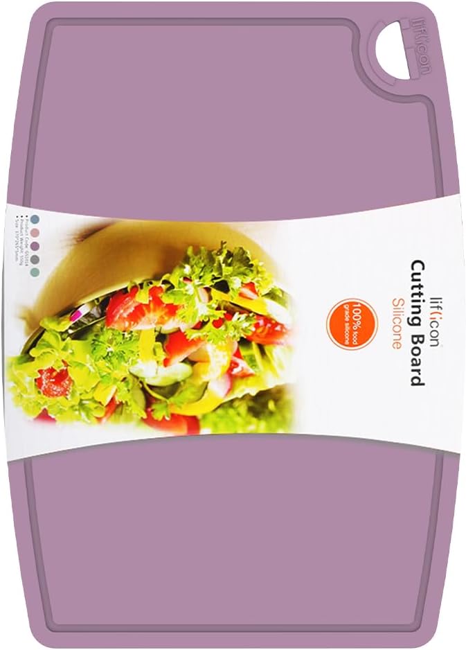 Liflicon Thick Silicone Cutting Board 12.6'' x 9.1'' Foldable & Flexible Design Juice Grooves Easy Grip Handle Dishwasher Safe-Plum Purple