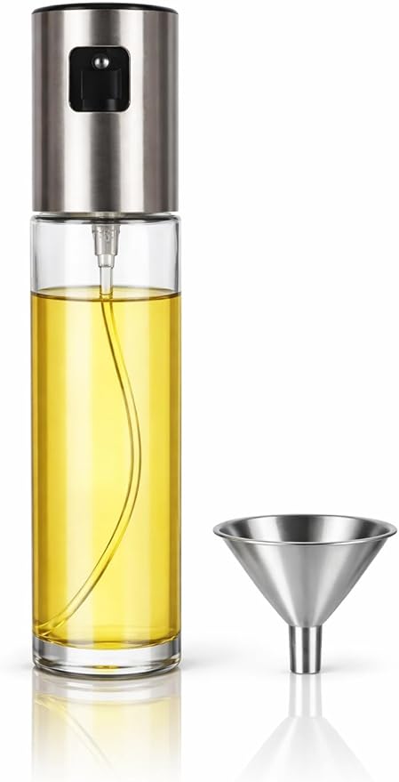 Stainless Steel Oil Spray Bottle | Refillable Kitchen Oil Dispenser with Fine Mist Spray for Olive Oil, Vinegar, Cooking Oils, Grilling, Baking, Air Fryer, and Healthy Cooking | Metallic Silver