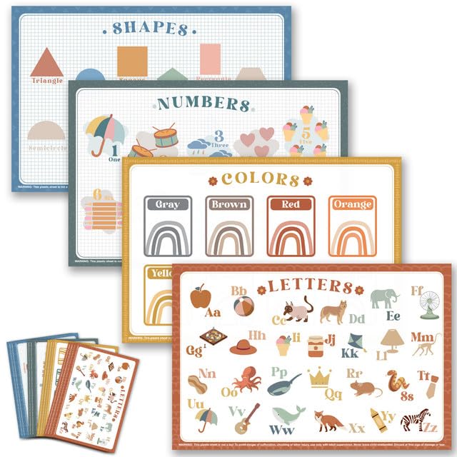 Babebay Disposable Placemats for Baby, 60 Pack Sticky Toddler Placemat for Restaurants, Dining Table, Party, Travel, 12" x 18" with 4 Designs