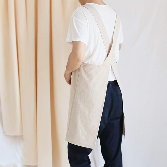 NEWGEM Japanese Cotton Linen Cross Back Cooking Apron for Women Men with Pockets Cute for Baking Kitchen
