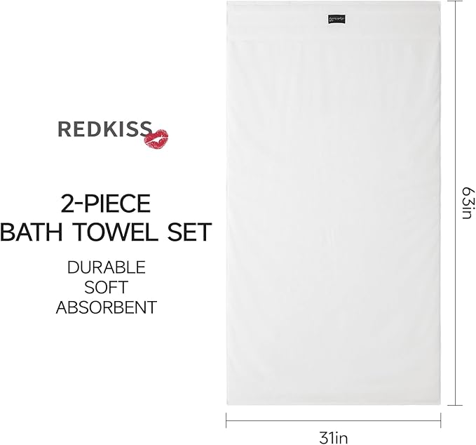 REDKISS Large Bath Towels Set 2 Piece, 100% Cotton, 31x63 in,Heavyweight 760G, Highly Absorbent & Quick Dry, Super Soft Luxury Shower Towels for Bathroom,Hotel Collection - White