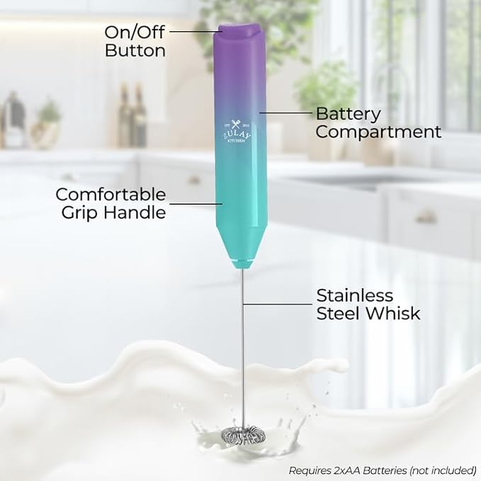 Zulay Kitchen Milk Frother Handheld Battery Operated – Electric Drink Mixer for Coffee, Lattes, Cappuccinos, Matcha & Hot Chocolate – Portable Foam Maker & Coffee Bar Accessory - Eclipse Purple Teal