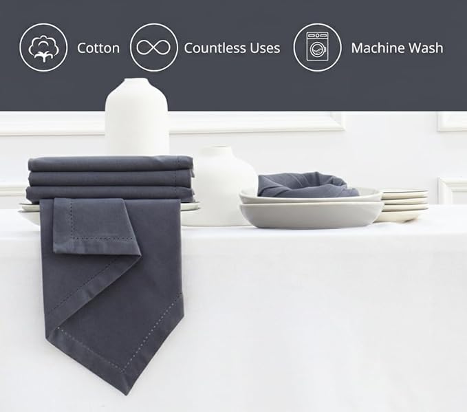 PurpleEssences Set of 12 Hemstitch Cloth Dinner Napkins 100% Cotton - Soft Durable Washable - Ideal for Wedding Spring Easter Summer - Perfect Everyday Use Table Linen 18x18 - Dark Gray