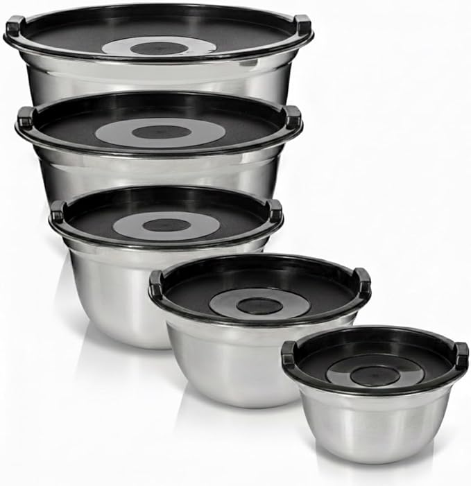 WHYSKO Stainless Steel Mixing Bowls with Lids Set - 5 Rustproof Metal Nesting Mixing Bowls Set for Kitchen, Meal Prep, Baking, Cooking, Storage, Dishwasher Safe - .75, 1, 1.5, 3 and 5 qt bowls