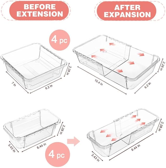 8 Pcs Mixed Extendable Clear Drawer Organizer, All Adjustable Vanity Storage Box, 2-Size Desk Drawer Organizer, Acrylic Storage Bins for Makeup, Cosmetic, Bedroom Dressers Tool Organizer for Gadgets