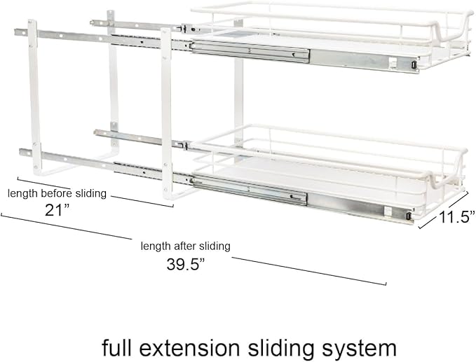 Household Essentials Glidez Multipurpose Powder-Coated Steel Pull-Out/Slide-Out Storage Organizer with Plastic Liners 2-Tier Dual-Slide Design, White