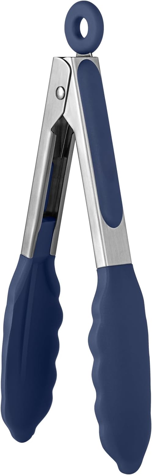 600ºF Heat Proof Kitchen Tong: U-Taste 7" Silicone Cooking Tong with Firm Sealed Non Stick Rubber Tips & Silicon Coated 18/8 Stainless Steel Handle & Smooth Locking for Serving Salad (Midnight Blue)