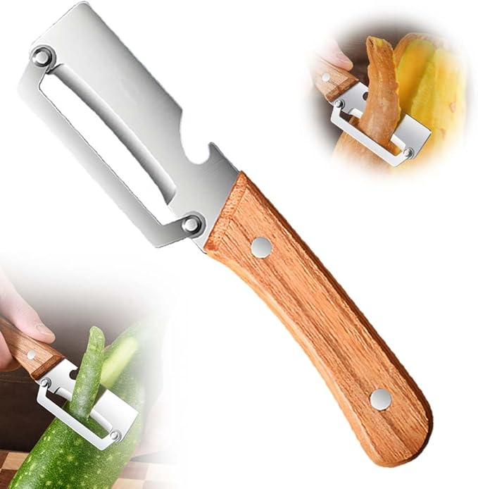 Multi-Functional Vegetable Peeler for Kitchen, 2 in 1 Fruit Peeler and Bottle Opener, Stainless Steel Curved Blade Fruit & Vegetable Peeler for Potato Pumpkin Papaya Zucchini (Wood_1 Pack)