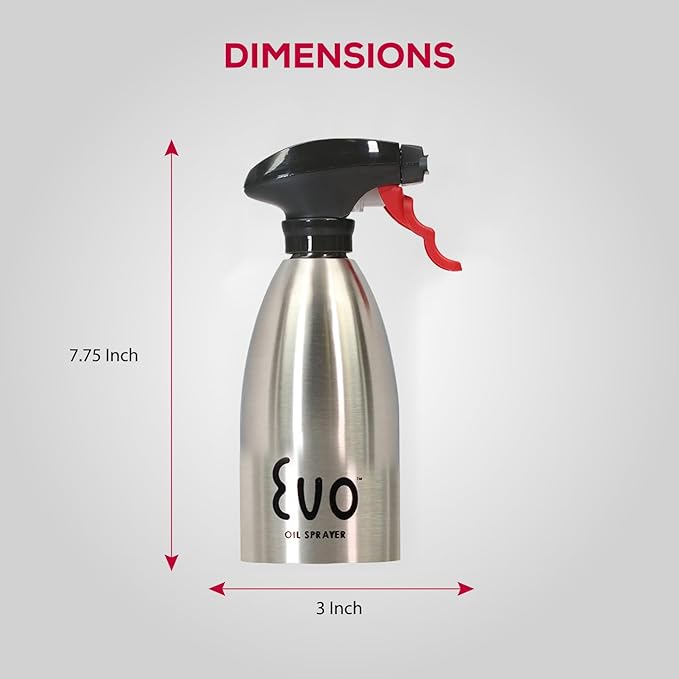 Evo Oil Sprayer 18/8 Stainless Steel, Non-Aerosol for Olive, Cooking Oils, and Vinegars, Silver, 16-Ounce Capacity