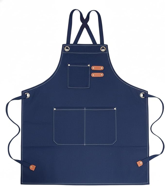 Chef Apron with Large Pockets for Women Men, Cotton Canvas Cross Back Water Repellent Adjustable Work Apron