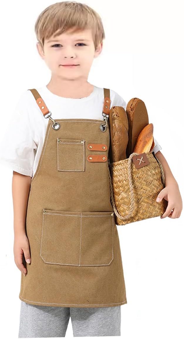 Kids Aprons AdjustableTool Waterproof For Cooking Painting Gardener Canvas Apron For 6-12 Girls And Boys