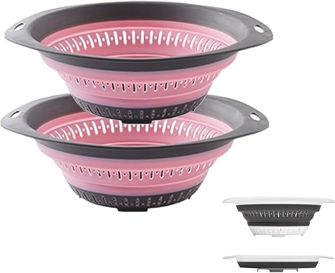 Collapsible Colander and Strainer,Silicone Strainer Colanders & Food Strainers,for Vegetable and Fruit, Kitchen Essentials (2, Pink, 2.5L+2.5L)