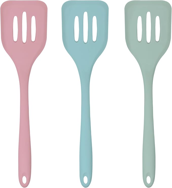 JS Gourmet 3 Pcs Colorful Silicone Slotted Turner Set, Heat Resistant Non-Scratch Kitchen Spatula Flipper with Comfortable Handle for Non-Stick Cookware