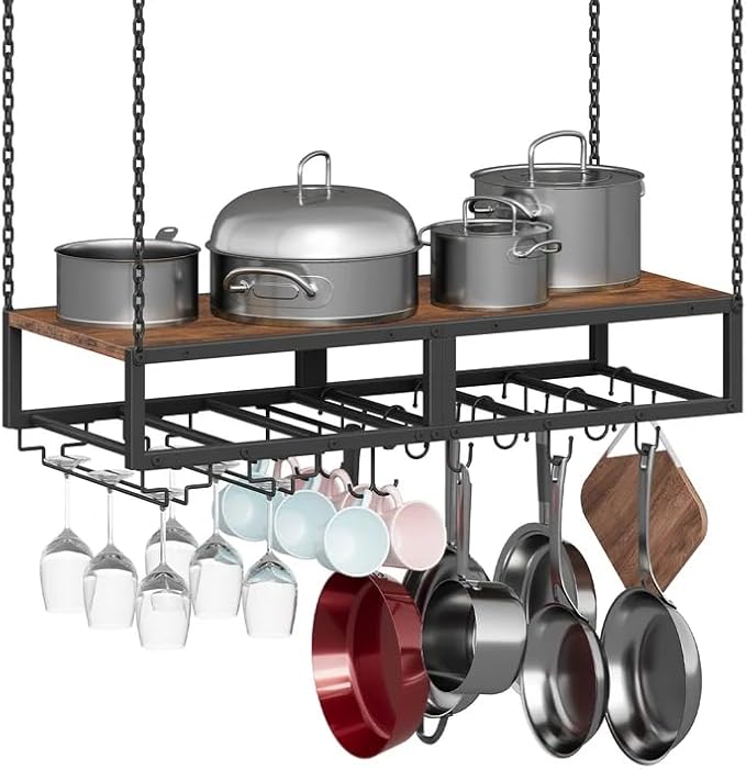 HOOBRO Hanging Pot Rack, Space-Saving Pot Hanger for Kitchen, Ceiling Pan Hanging Rack with 10 S-Shaped Hooks and 3 Dual-Prong Hooks, for Pot, Pan Storage,Space-Saving, Rustic Brown and Black BF78TL01
