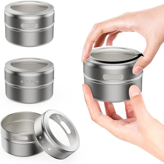 Vetacsion Set of 8 Magnetic Spice Tins with 2 Metal Wall-Plates,100 Preprinted Seasoning Label Stickers,2 Styles for 3 oz Herb Jars