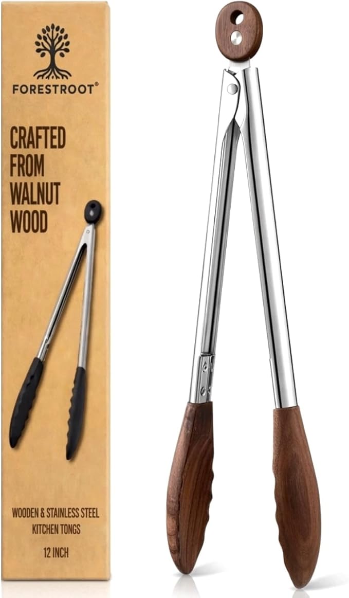 Walnut Wood Kitchen Tongs – 12-Inch Nonstick-Safe Wooden Salad & Grill Tongs for Cooking, Serving, BBQ, and Tossing Salad – Durable Stainless Steel Core with Natural Wooden Tips