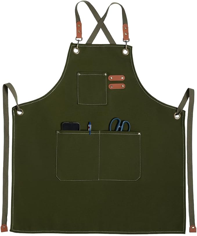 Chef Apron for Women Men with Pockets, Cotton Canvas Cross Back Adjustable Gardening Apron