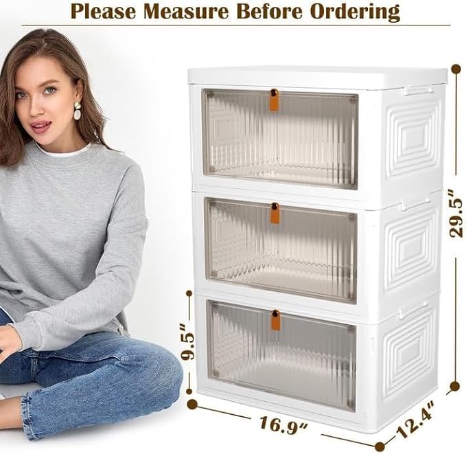 YFXCVSL 3 Tier Plastic Storage Bins with Lids 35QT, Stackable Storage Containers with Wheels, Folding Storage Boxes, Extra Large Collapsible Storage Bins, White
